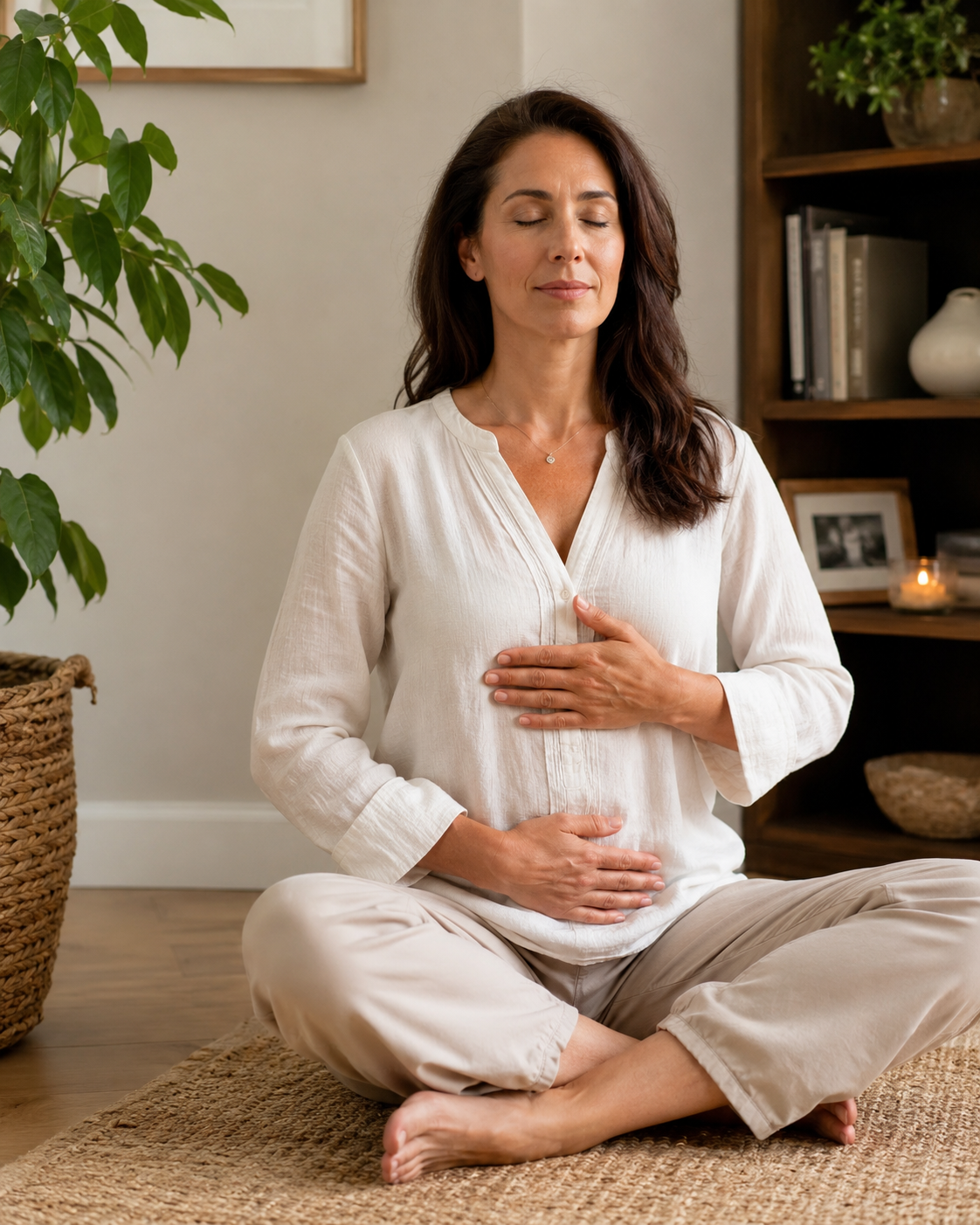 Persona sentada haciendo autoreiki con una mano en el pecho y otra en el abdomen