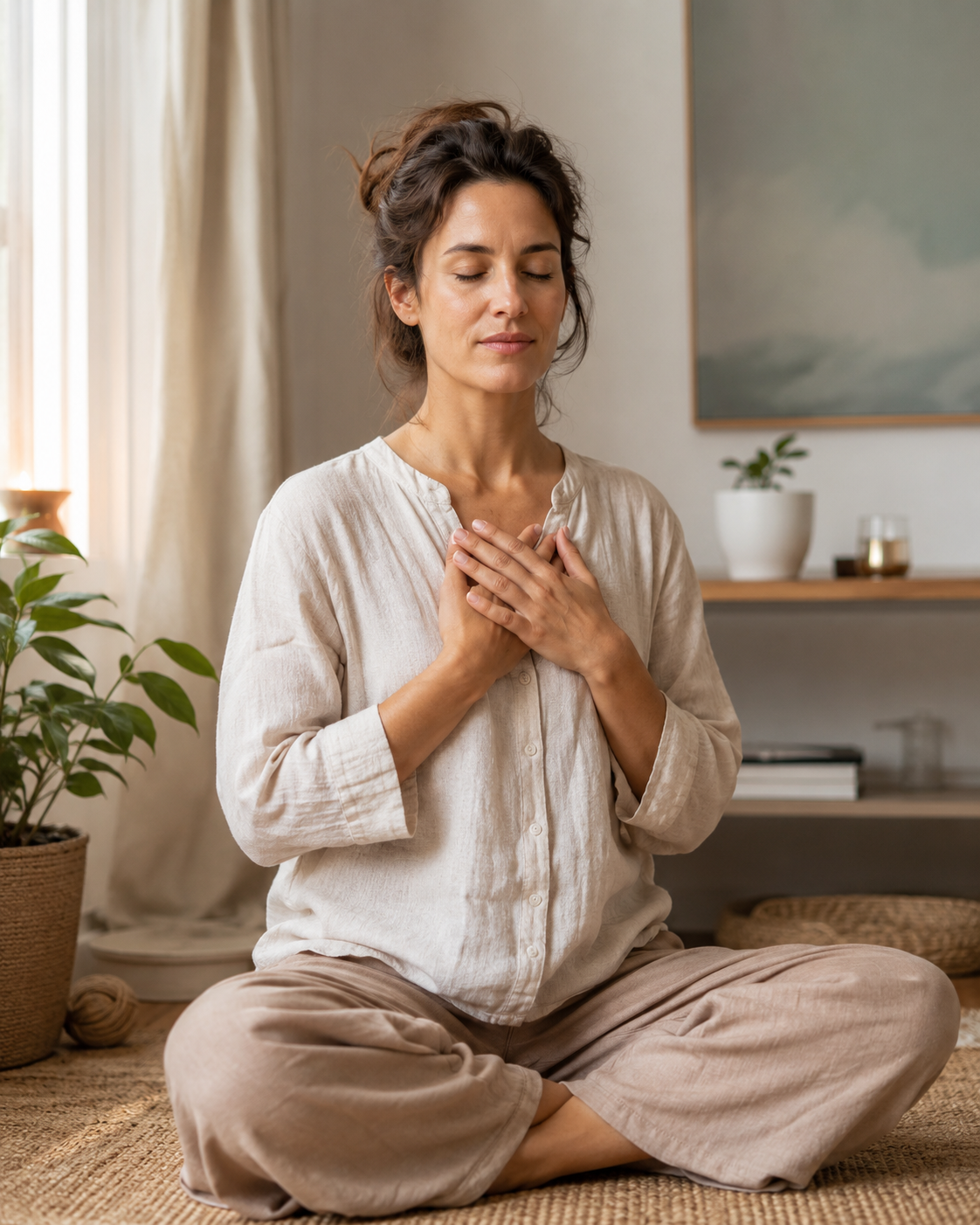 Persona practicando autoreiki con las manos sobre el pecho